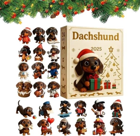 Dachshund Adventskalender 2025 – 24 Dagers Nedtellingskalender med 2D Akryl Anheng Perfekt Julegave og Juletrepynt