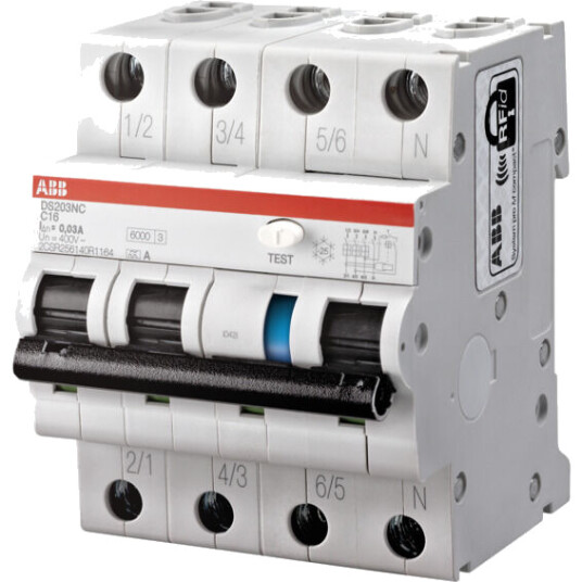 ABB Jordfeilautomat 3p B 16A DS203NC B16/30mA 230V-IT ABB - 1623967