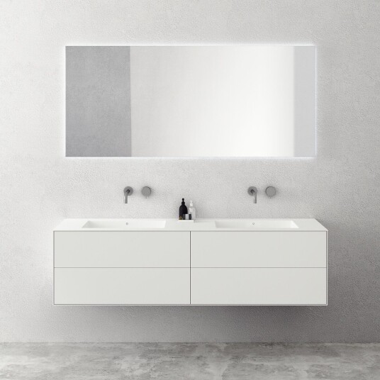 Copenhagen Chic 180D Skap med 4 skuffer dobbel vask og kabinett i Glacier White Corian® matt hvit