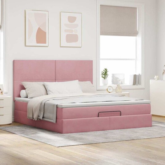 Ottoman sengeramme med madrasser rosa 160x200cm fløyel 3313414