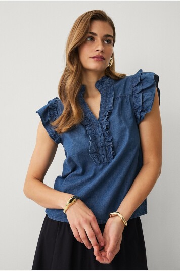 Ellos Collection Denimbluse med volanger Blå