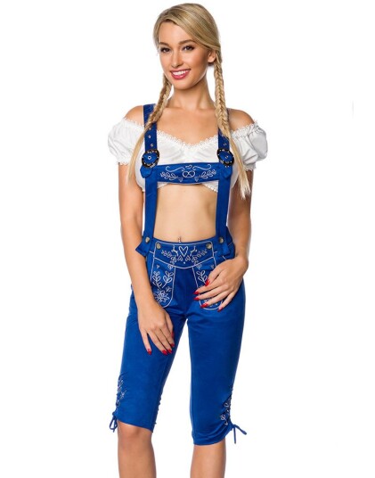 Lang Royal Blå Lederhosen til Dame med Lommer og Broderi Strl 42