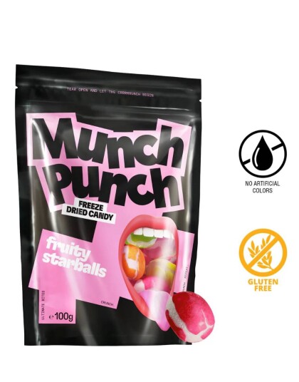 Munch Punch Fruity Starballs Pose med Frysetørket Godteri 100 gram Munch Punch Fruity Starballs Pose med Frysetørket Godteri 100 gram