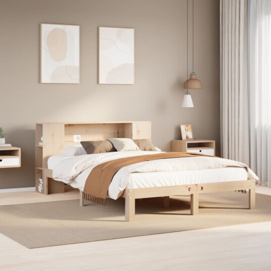 Seng med bokhylle uten madrass 140x190 cm heltre furu 3322511