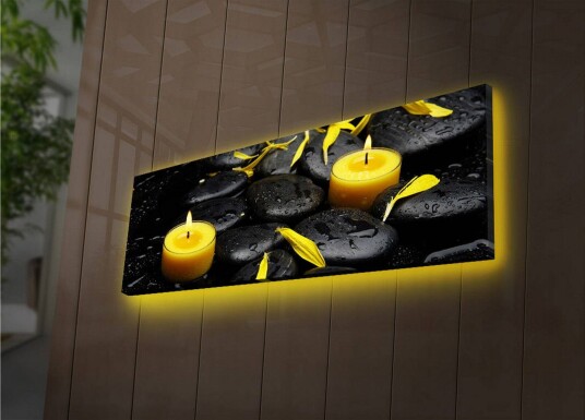 Lerretsbilde med LED belysning 30x90 cm Beroligende komposisjon med svarte steiner og brennende lySvart / Gul / Grå