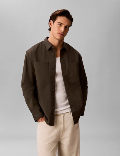 Calvin Klein Ls Garment Wash Twill Easy Overs   Khaki green   M