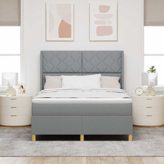 Box Spring Seng med Madrass Lys Grå 140x190 cm Stoffs Box Spring Seng med Madrass Lys Grå 140x190 cm Stoffs