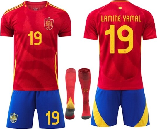 25. Sesong Spansk Hjemme Rød Nr 19 Lamin Yamal Fotballtrøye Fotballklær Barn Voksen No. 19 Lamin Yamal