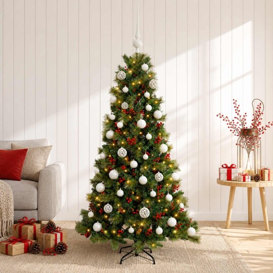 vidaXL Kunstig juletre med julekuler 120 cm 150 LED-lys Varmhvit