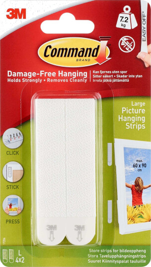 3M Command selvklebende strips for bildeoppheng, hvite, 4 sett med store strips 3M Command selvklebende strips for bildeoppheng, hvite, 4 sett med store strips