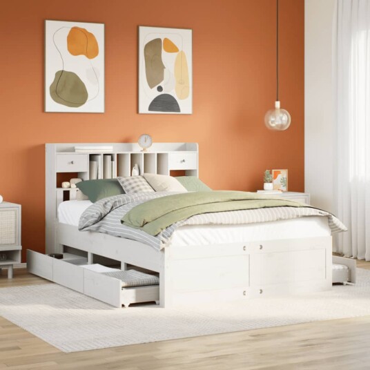 Seng med bokhylle uten madrass hvit 150x200 cm heltre furu 8721158383976