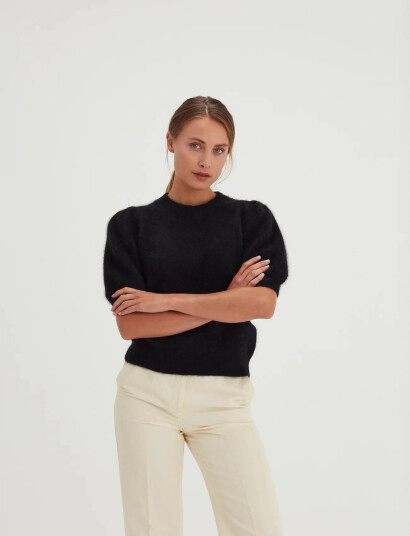 Davida Cashmere Brushed Puff Sleeve T Shirt Black XL