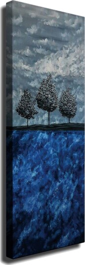 Lerretsbilde 30x80 cm Tre stiliserte trær mot en blå bakgrunn Mørk blå / Lys blå / Grå