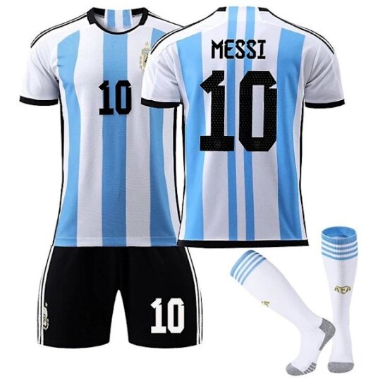 Argentina VM Hjemmedrakt for Herrer Messi #10 Fotballtrøye T skjorte Shorts Sett Fotball 3 delt Sett for Barn Voksne Kids 28150 160cm