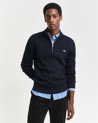 Bomullskabelstrikket genser med halv glidelås EVENING BLUE L