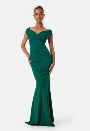 Goddiva Bardot Pleat Maxi Dress Dark green XXL UK18 