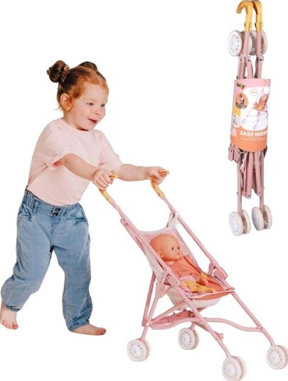 Smoby Baby Nurse Sammenleggbar Dukkevogn Oransje Og Rosa