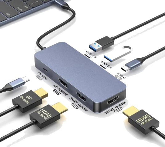 Nørdic 7-i-1 Dokkingstasjon USB-C 2x HDMI DisplayPort 100 W