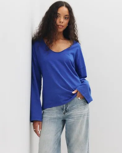 Nelly Blå Relaxed V Neck LS Top
