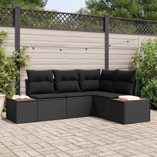 vidaXL Hagesofa Set med pute med lagring 4 pcs Svart Polyrattan