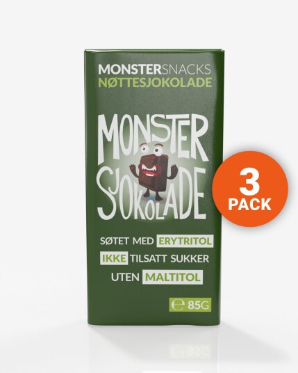 Monster Lavkarbo Belgisk Melkesjokolade m/Nøtter – UTEN MALTITOL 3x85g Monster Lavkarbo Belgisk Melkesjokolade m/Nøtter – UTEN MALTITOL 3x85g