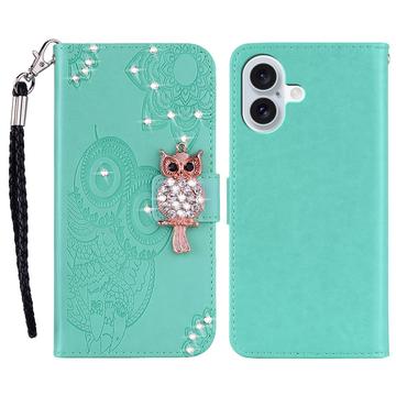 iPhone 17 Ugle Rhinestone Lommebok deksel med rhinestone   Cyan