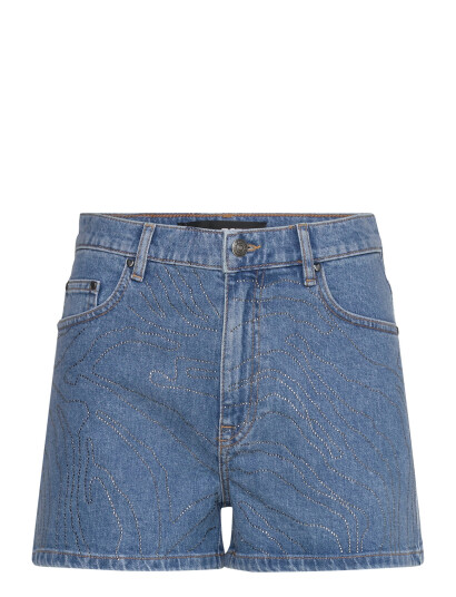 ROTATE Birger Christensen Rhinestone Denim Shorts - Blue - 27