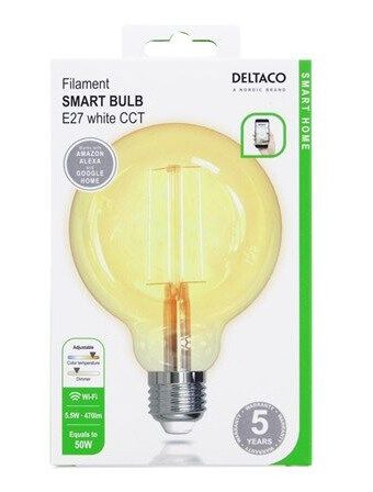 DELTACO LED-lyspære SMART HOME SH-LFE27G95 - LED filament light bulb - shape: G95 - E27 - 5.5 W - warm white/cold white light - 1800-6500 K E27 DELTACO LED-lyspære SMART HOME SH-LFE27G95 - LED filament light bulb - shape: G95 - E27 - 5.5 W - warm white/cold white light - 1800-6500 K E27
