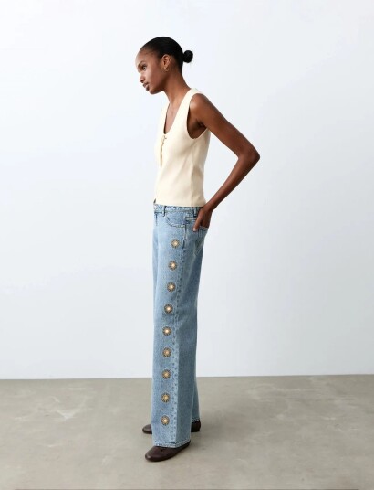 Mango Embroidered Straight Leg Jeans Blue 34