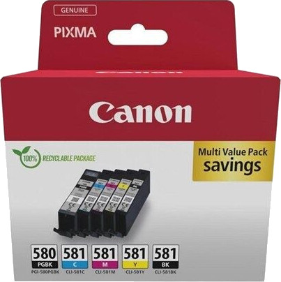 Canon PGI-580BK/CLI-581 BK/C/M/Y Multipack - 5-pack - black yellow cyan magenta pigmented black - original - ink tank - Blekkpatron Blå Canon PGI-580BK/CLI-581 BK/C/M/Y Multipack - 5-pack - black yellow cyan magenta pigmented black - original - ink tank - Blekkpatron Blå