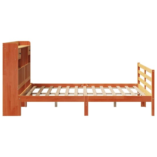 Seng med bokhylle uten madrass voksbrun 140x200 cm heltre furu 8721158607430