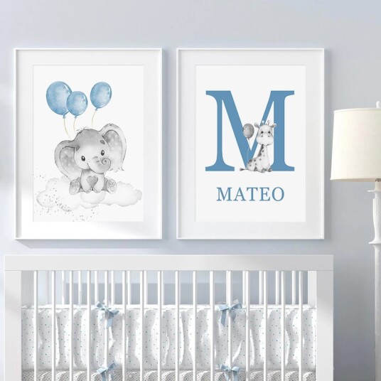 Plakat Dyr med Ballong / Blå / sett med 2 / Egendefinert tekst