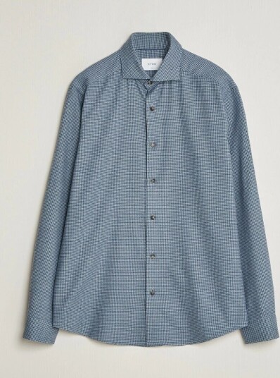 Eton Casual Fit Houndstooth Flannel Shirt Mid Blue