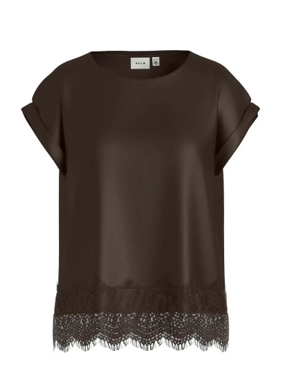 Vila Viellette S/S Full Satin Lace Top - Noos - Brown - 42 Vila Viellette S/S Full Satin Lace Top - Noos - Brown - 42