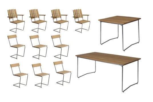 Grythyttan Stålmöbler B31 spisegruppe Oljert eik/galvanisert stål 4 lenestoler, 6 stoler, bord 84 x 92 cm & bord 170 x 92 cm