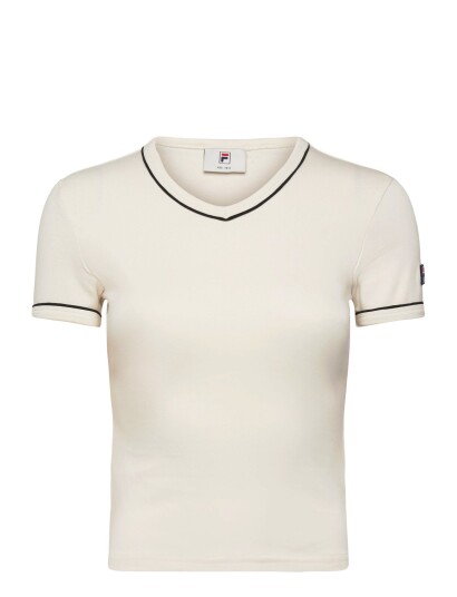 FILA Portello Slim V Neck T Shirt Cream XS