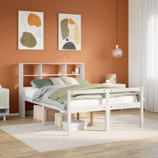 Seng med bokhylle uten madrass hvit 150x200 cm heltre furu 8721158608062