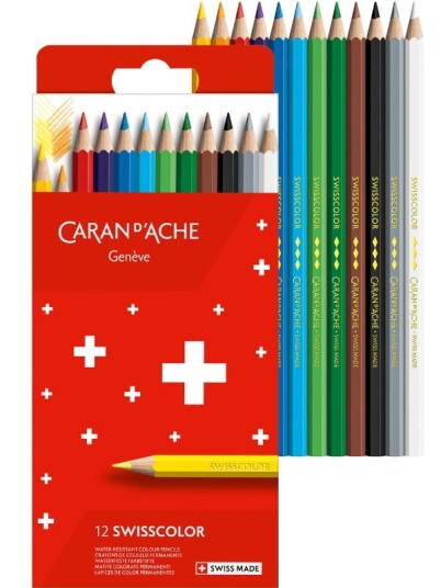 Caran d'Ache Swisscolor permanente fargeblyanter 12 farger i eske
