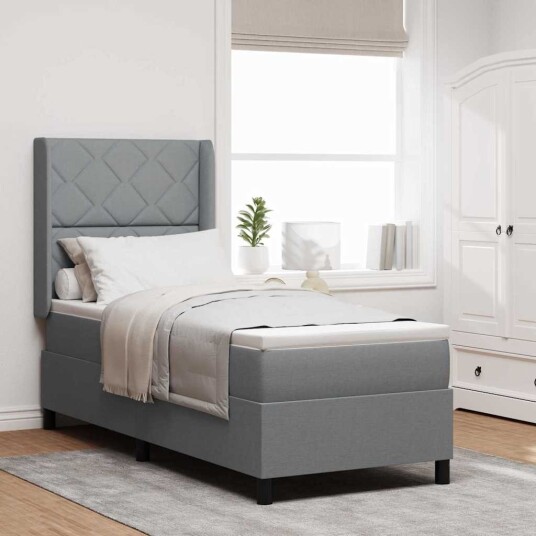Box Spring Seng med Madras og LED Lys Lys Grå 90x190 cm Stoff