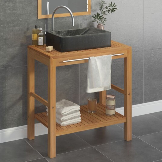 Baderomshylle heltre teak med vask marmor svart