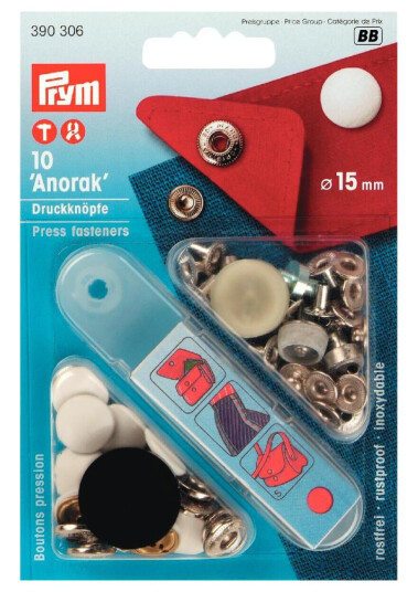 Trykknapper anorak 10 stk x 15 mm hvit