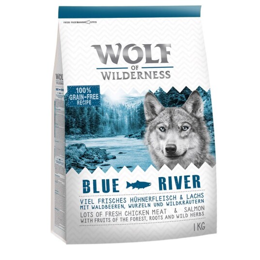 Wolf of Wilderness 1 kg  tørrfôr til prøvepris! - Blue River - Laks
