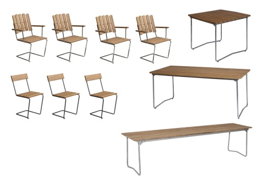 Grythyttan Stålmöbler B31 spisegruppe Teak/galvanisert stål 4 lenestoler, 3 stoler, benk 170 cm, bord 84 x 92 cm & bord 170 x 92 cm