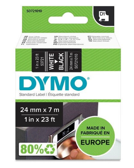DYMO D1 tape, 24mm x 7m rull, hvit på sort, selvklebende tape til LabelManager printere, original