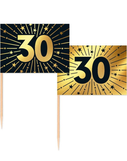 50 Stk 30 år Mat/Kakeflagg 6,5 cm - Svart og Gull 50 Stk 30 år Mat/Kakeflagg 6,5 cm - Svart og Gull