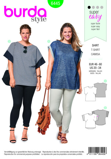 Burda 6445 - T-skjorte EUR: 46-60, US: 20-34
