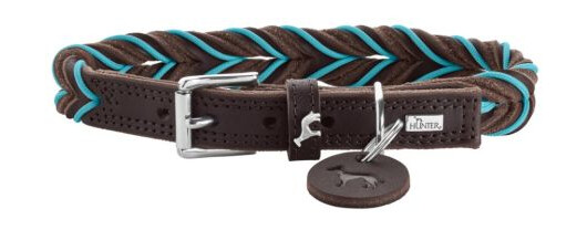Hunter Hundehalsbånd Solid Education Cord Lær Mørkebrun/Turkis XS 40cm