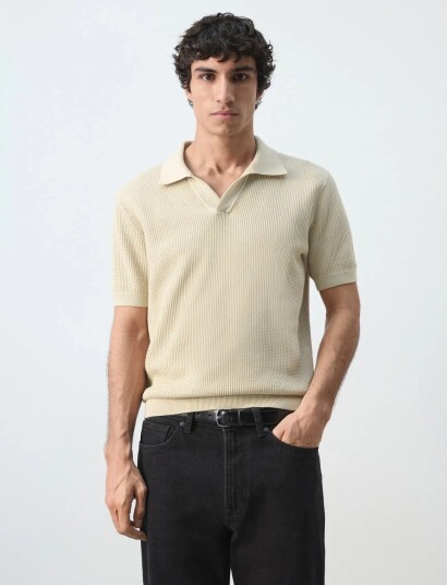 Mango 100% Cotton Knitted Polo Structure   Beige   XXL