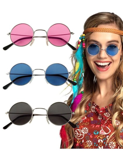 3 stk Runde Hippie Kostymebriller   Blå Svart og Rosa