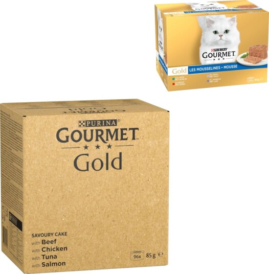 Gourmet Våtfôr Jumbopakke Gold + Fin Pâté Blandet Pakke På Kjøpet Raffinert Ragout Tunfisk Laks + Blandet Kjøtt Kanin Kalv Kylling Lam Okse 96 X 85 G 24 X 85 G 96 X 85 G 24 X 85 G